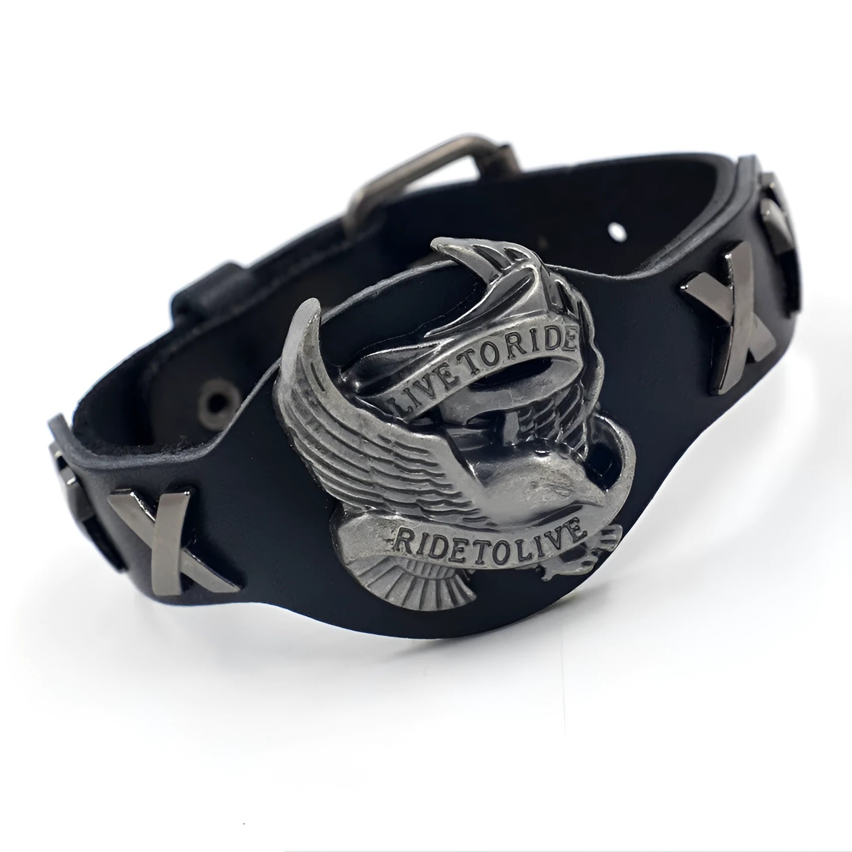 Black geometric leather bracelet with Eagle watch-button detail, showing tapered width.
