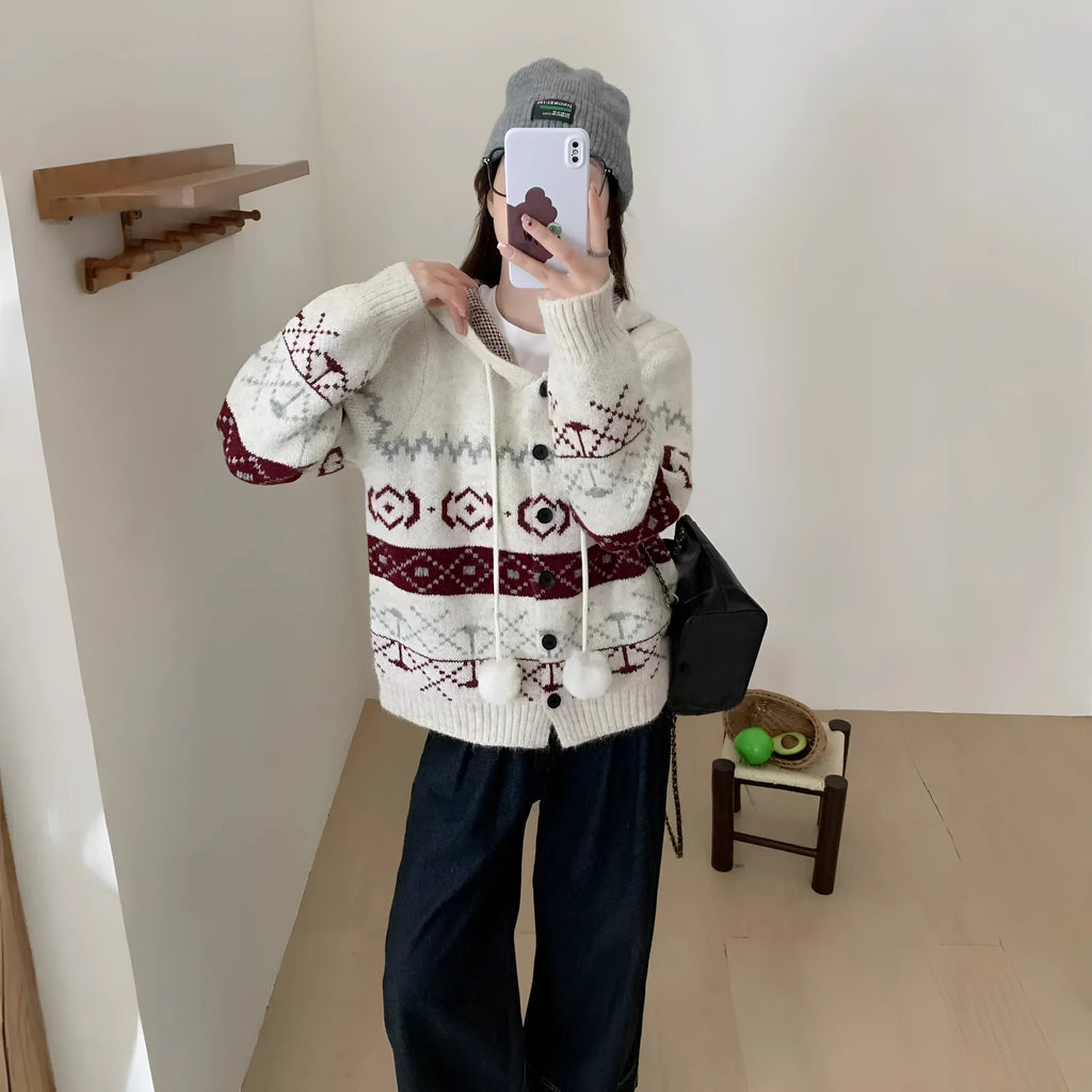 Geometric pattern brocade sweater coat in milky white loose fit plus size women's outerwear