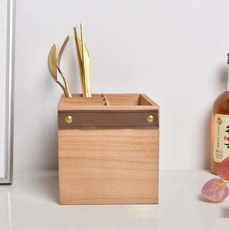 Wooden kitchen storage box with grid dividers for knife fork and chopstick organisation