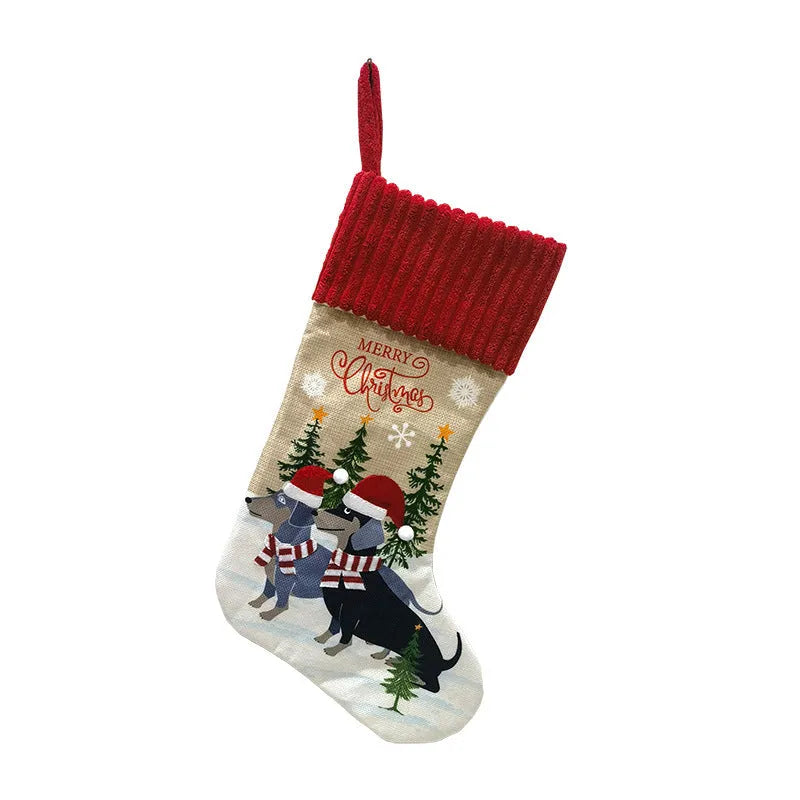 Cloth Christmas gift bag pendant hanging from fireplace measuring 46x28cm in holiday decor setting