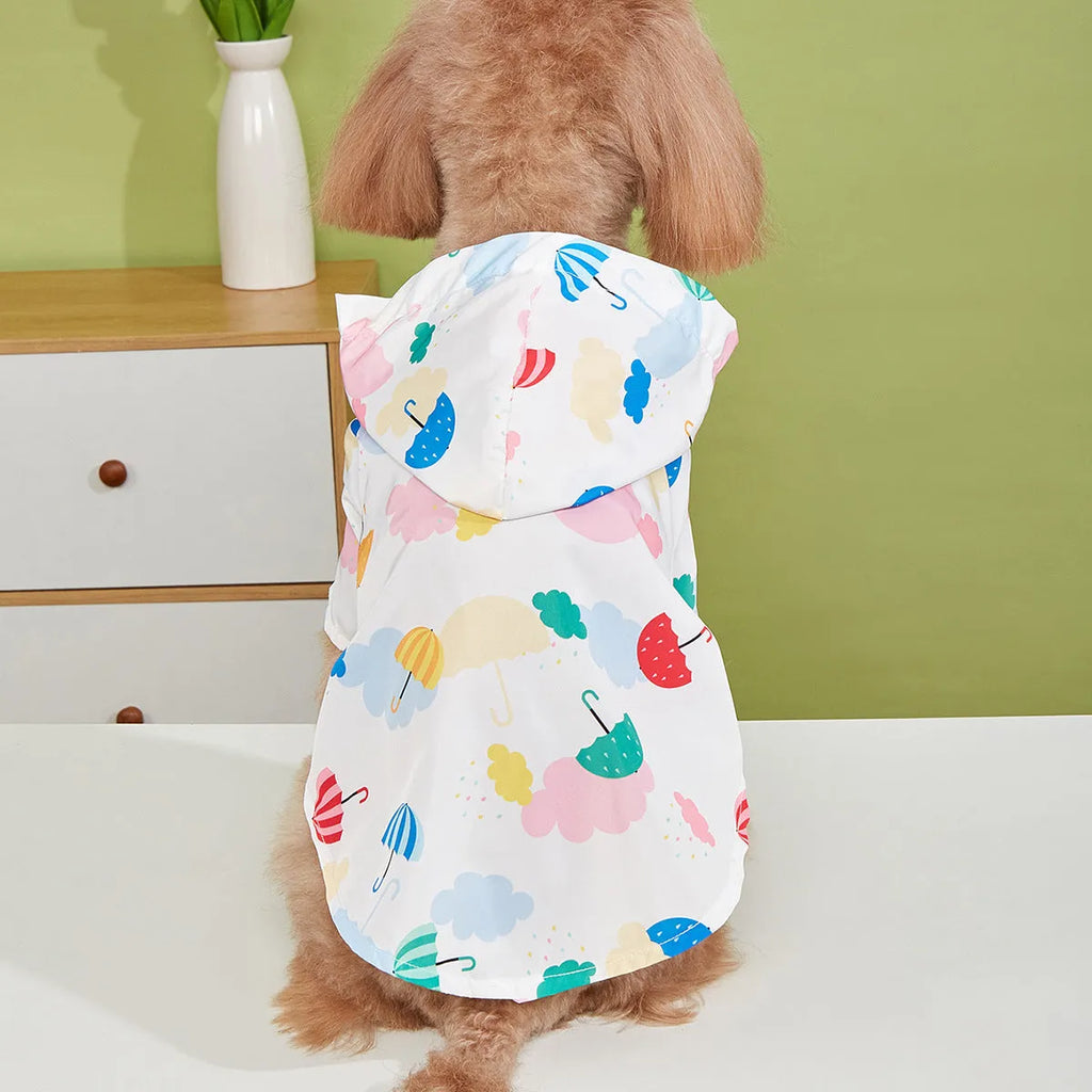 Colorful polyester pet raincoat with cartoon umbrella pattern available in sizes XS to XL for dogs