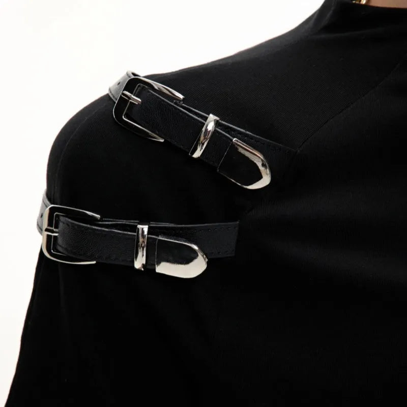 Men's slim fit cotton short sleeve T-shirt with stand-up collar and metal belt detail in black and white colour options