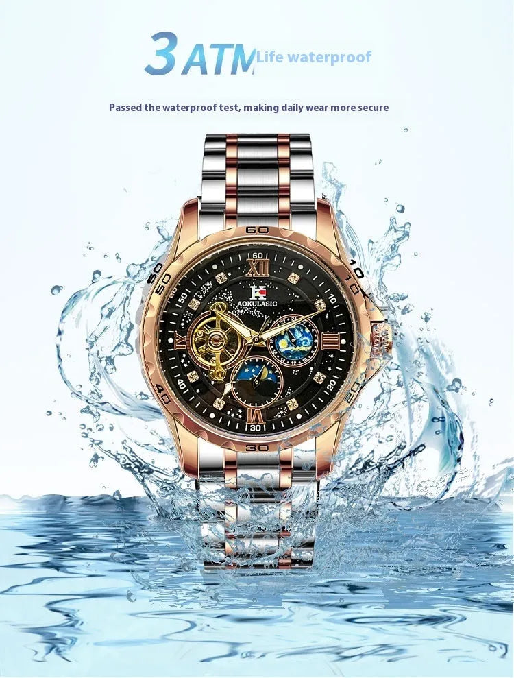 Rose gold automatic mechanical men's watch with black dial and stainless steel bracelet