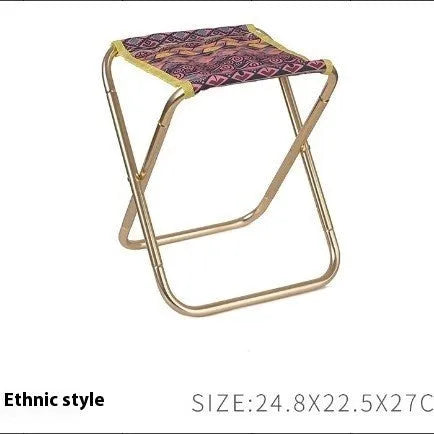 Black ethnic style aluminium alloy folding camp stool shown folded and unfolded.