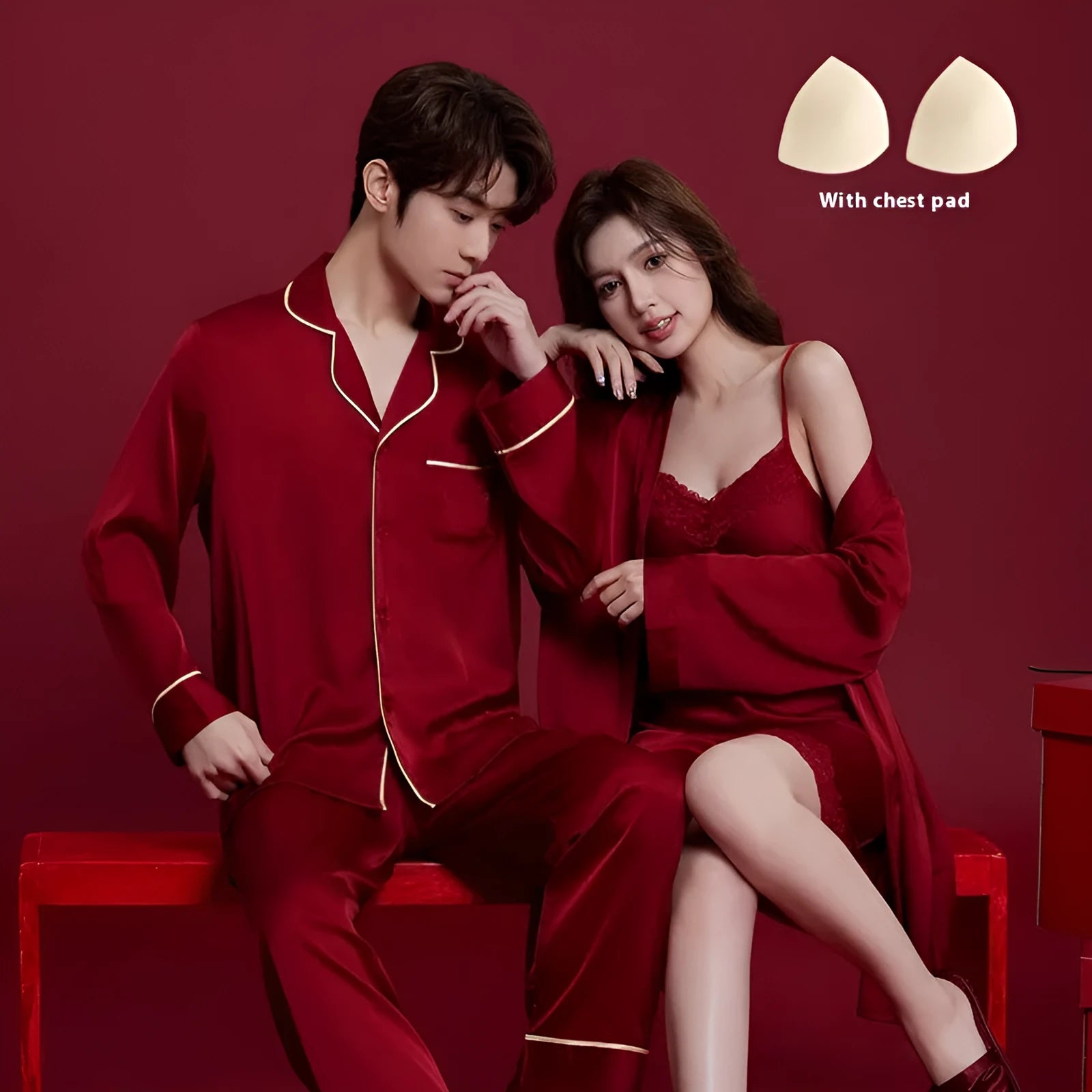 Red festive ice silk wedding dowry suit set for men and women with long sleeves and trousers