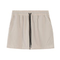 Men's thin grey polyester basketball shorts with an elastic waistband laid flat