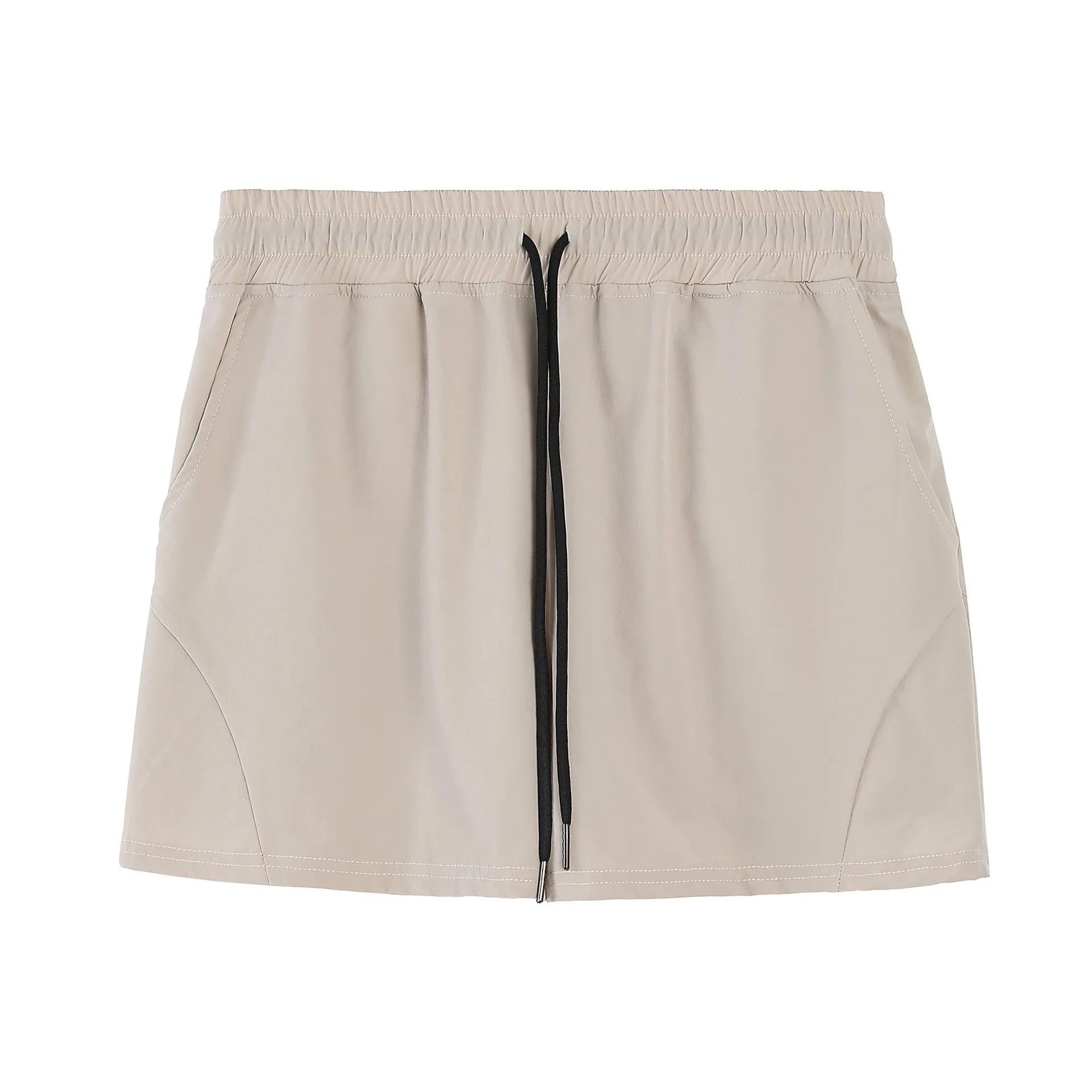 Men's thin grey polyester basketball shorts with an elastic waistband laid flat