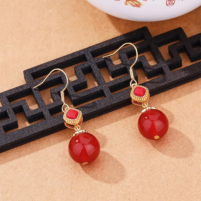Geometric agate earrings with southern red round beads and S925 silver inlaid jasper accents on copper alloy