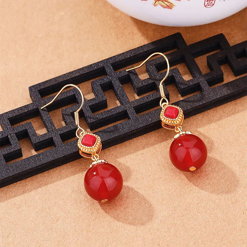 Geometric agate earrings with southern red round beads and S925 silver inlaid jasper accents on copper alloy