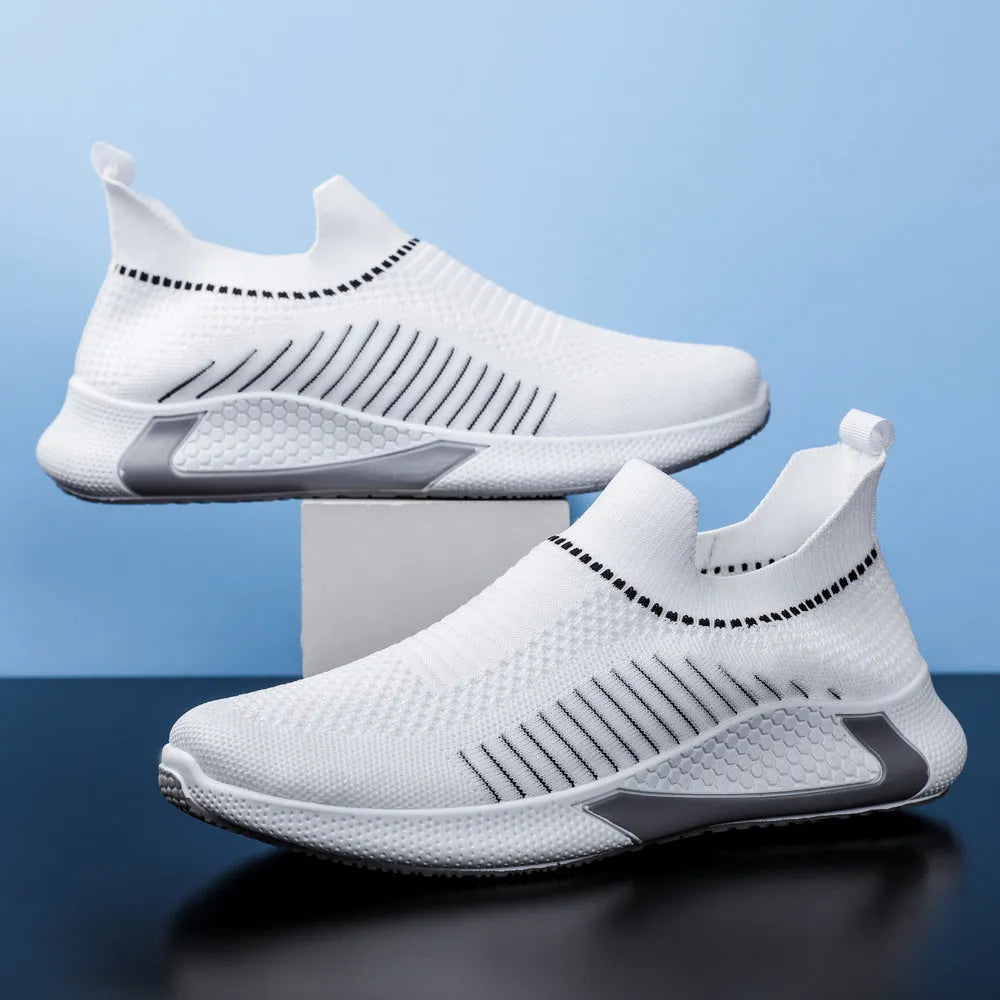Men's striped mesh sock shoes with lace-up front and round toe design