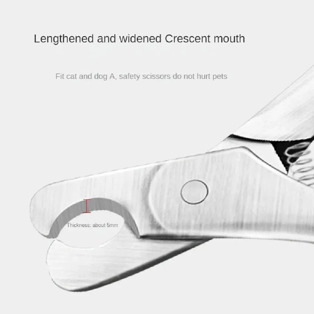 Silver stainless steel professional pet nail clipper with safety guard and finger grips.