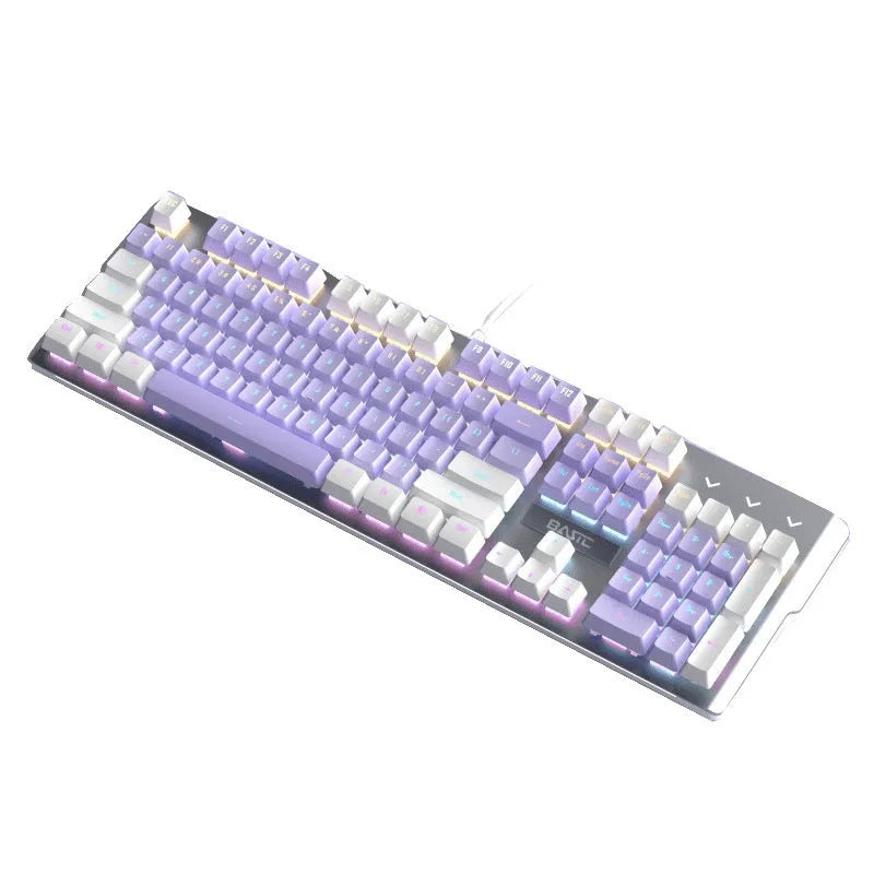 White and purple LED backlit mechanical keyboard and wired mouse set on a desk.