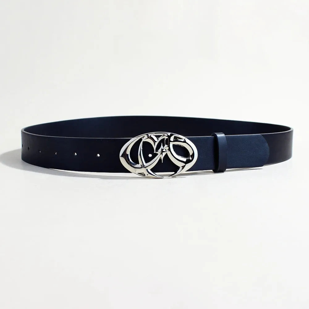 Men's silver buckle casual belt made from black PU leather with snap button closure.