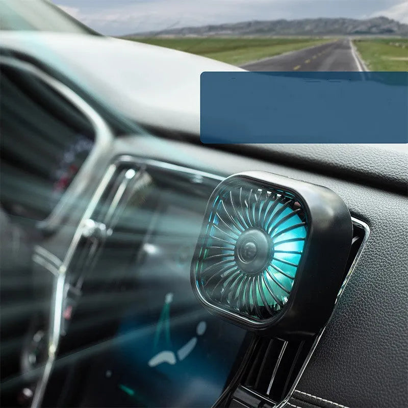 Black USB car fan with three speed buttons on compact base for vehicle ventilation