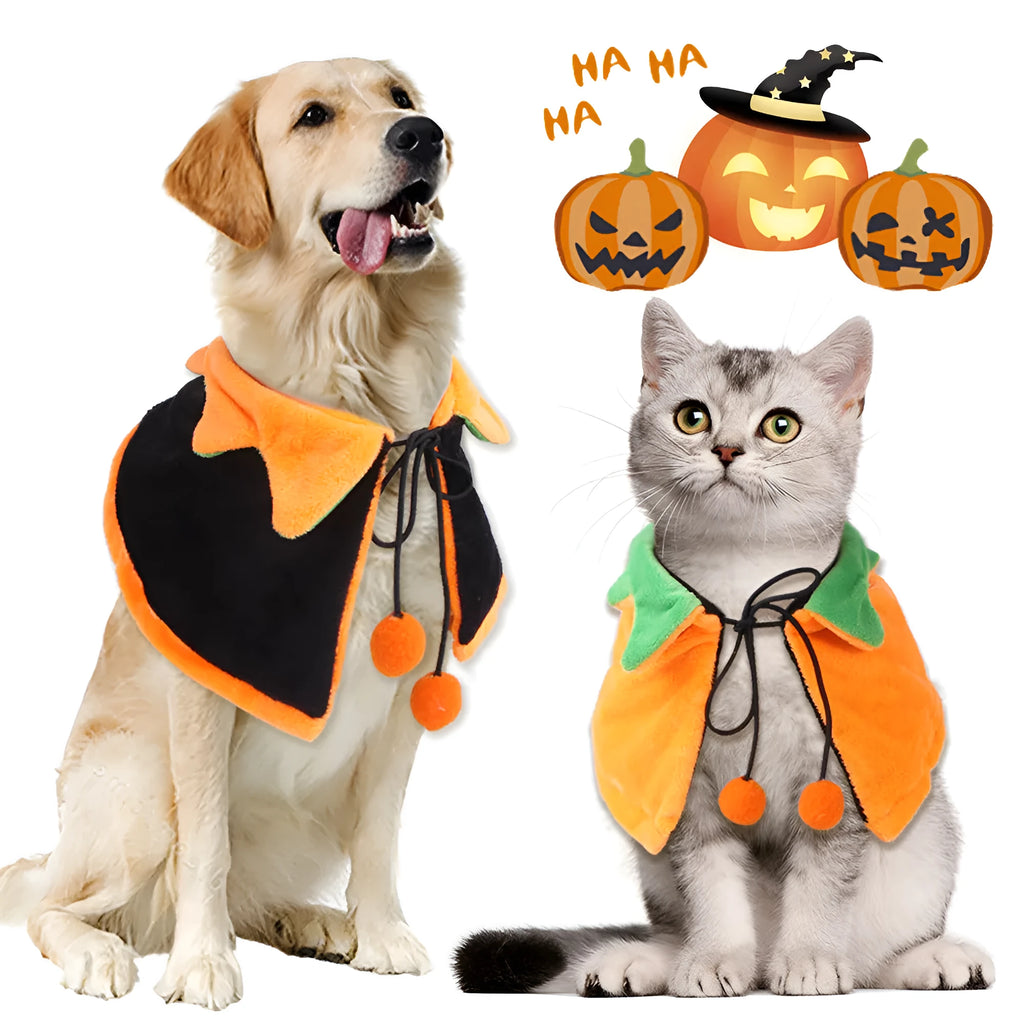 Orange reversible plush Halloween pumpkin cloak for dogs and cats with hood