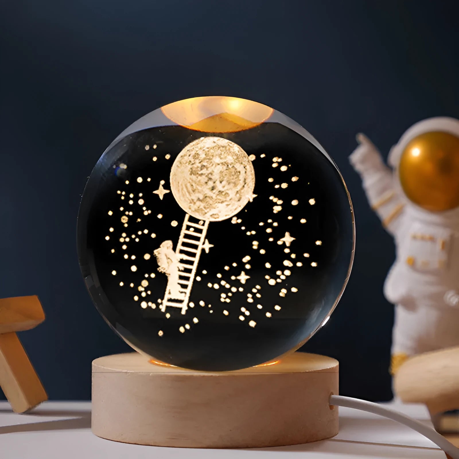 Illuminated starry sky crystal ball on a round wooden base, USB powered desktop decoration.