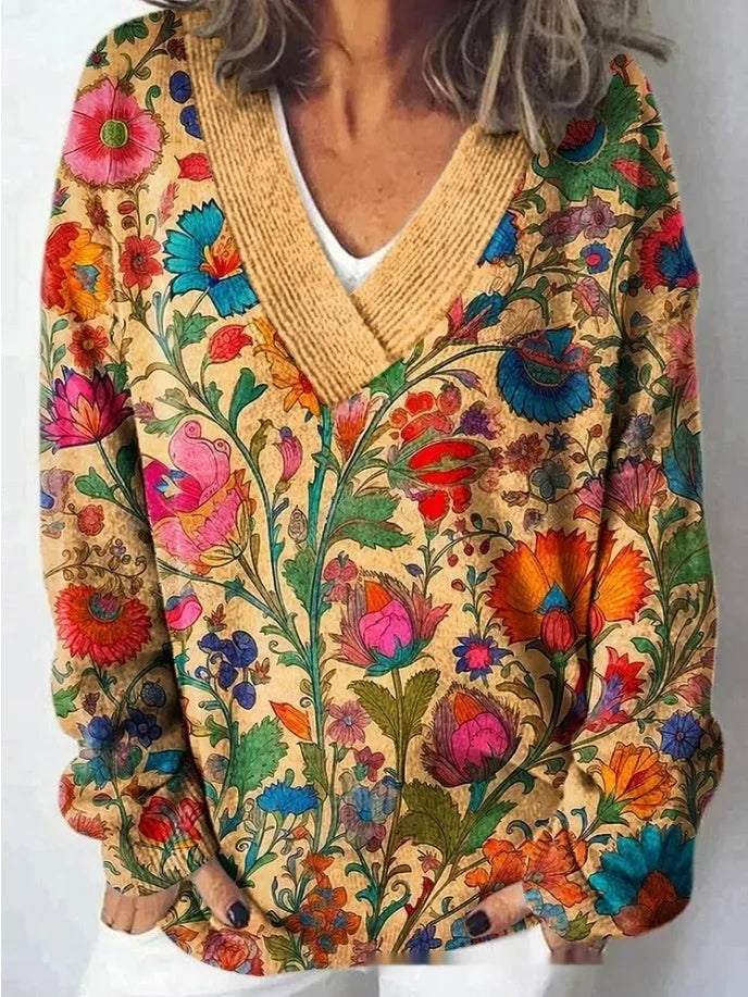 Women's V-neck floral print sweatshirt with 3D pattern and long sleeves