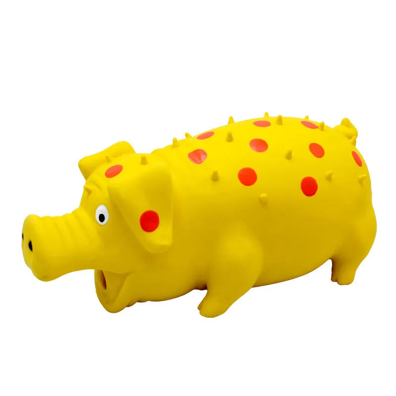 Blue latex pig-shaped dog chew toy with textured surface and squeaky function