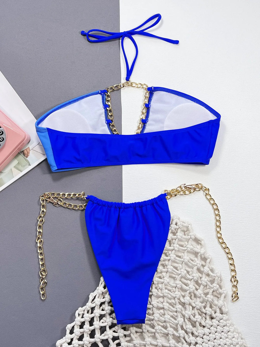 Blue solid colour women's nylon bikini swimsuit with split style design