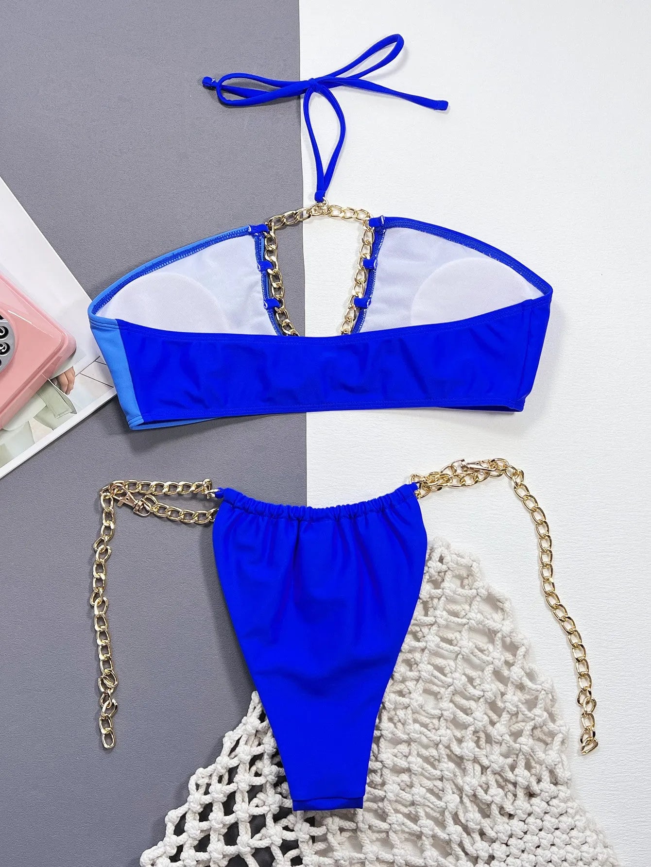 Blue solid colour women's nylon bikini swimsuit with split style design
