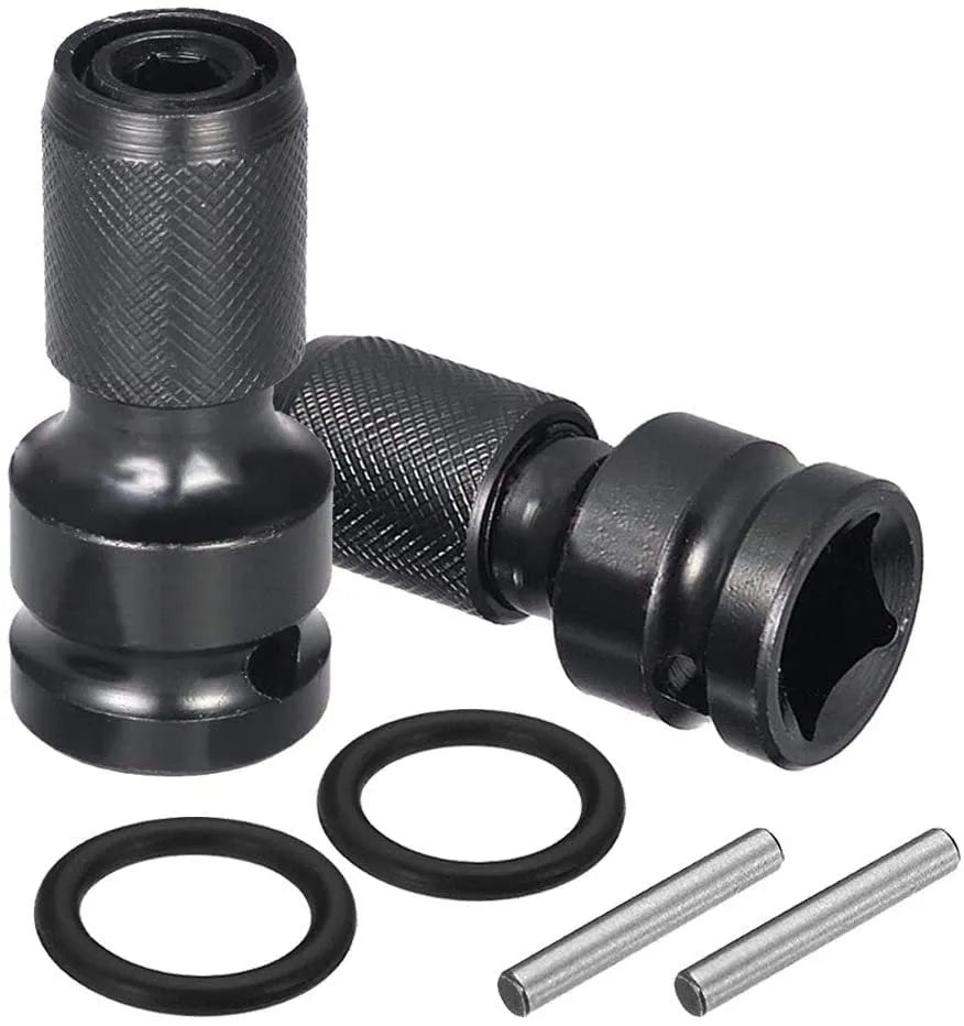 Steel telescopic bit holder adaptor converting between 1/2-inch and 1/4-inch drive sizes with O-ring bolt
