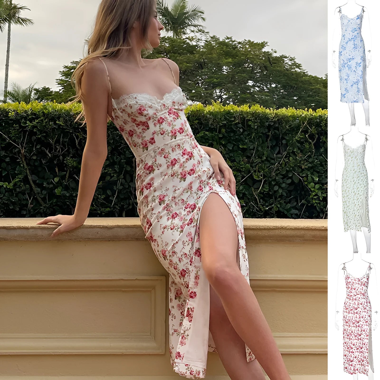 Women's long lace floral print dress with side slit and adjustable suspender straps in blue, green, or red