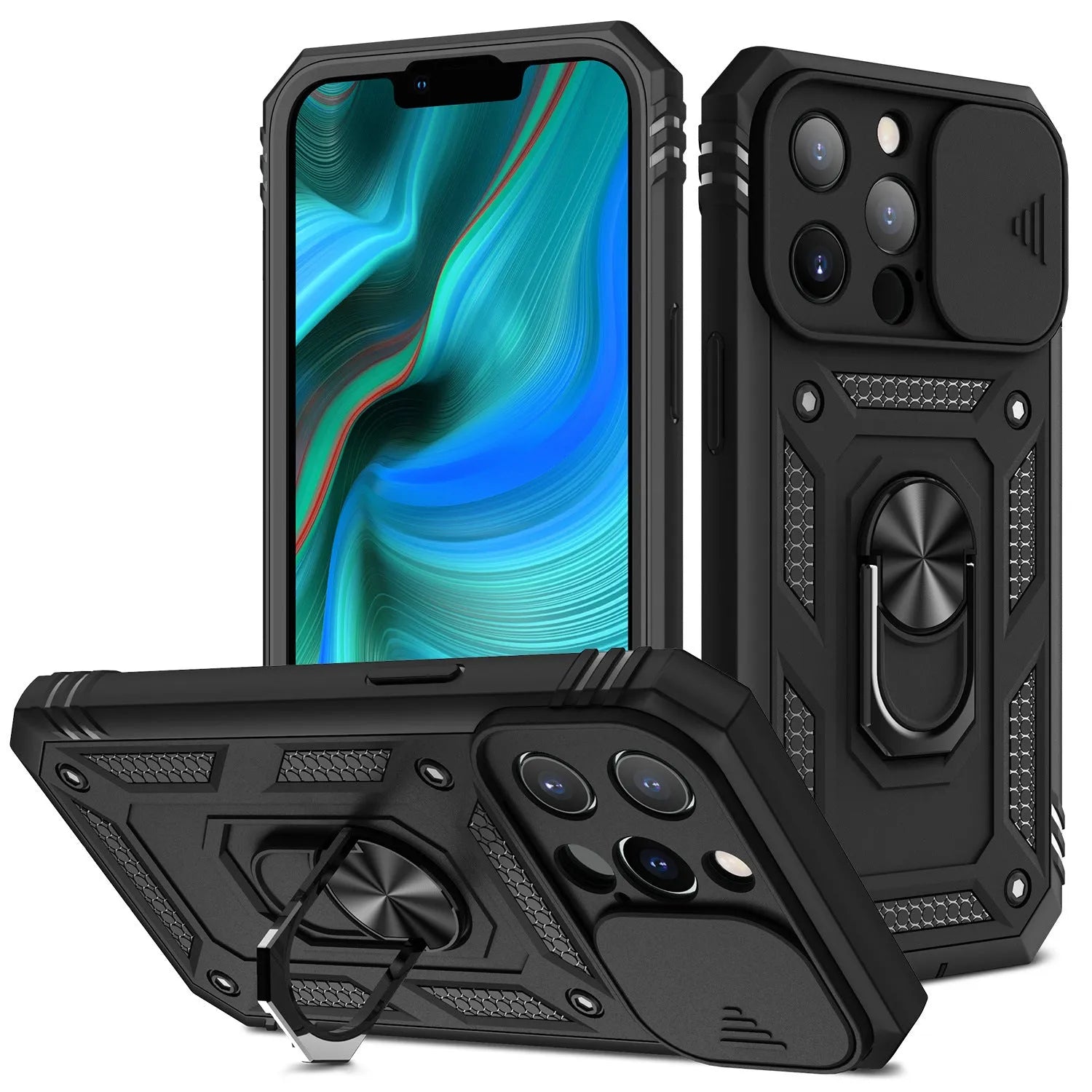 Magnetic iPhone case with sliding window bracket in two-tone colour options for iPhone 12 and 13 models