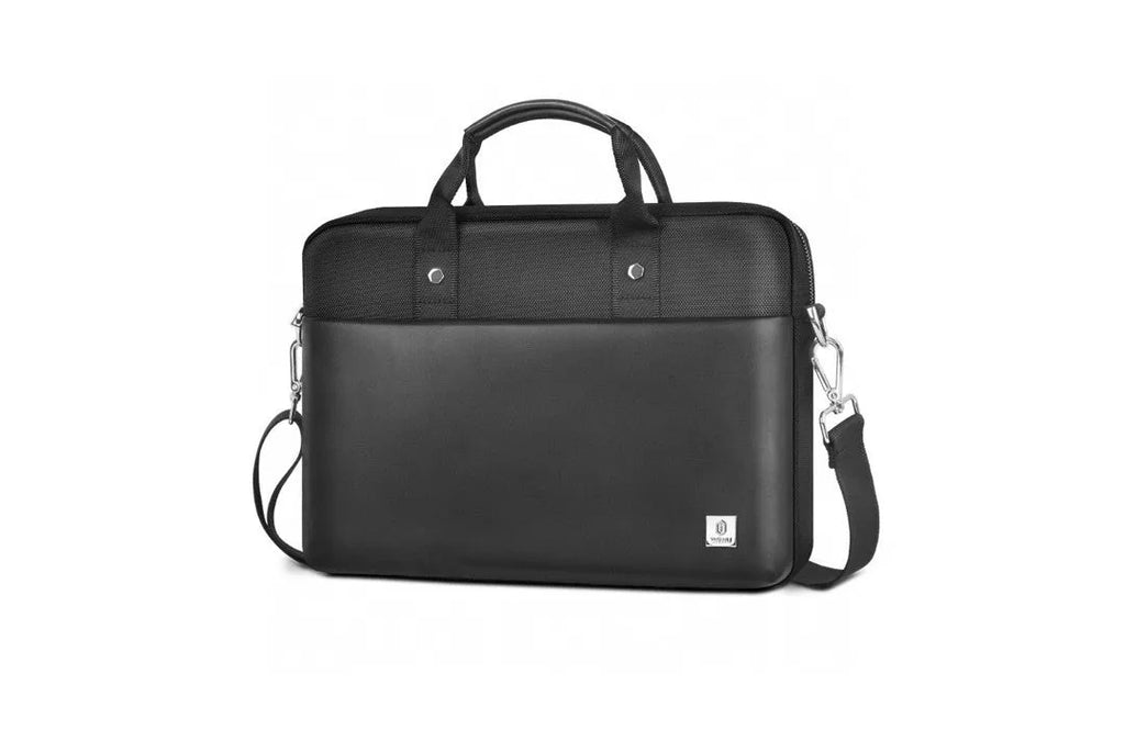 Black Oxford cloth laptop backpack with multiple organisational pockets and lock feature