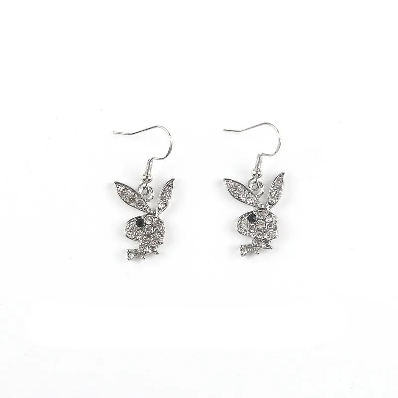 Rabbit stud earrings with diamond detailing in gold, pink or silver cartoon animal design