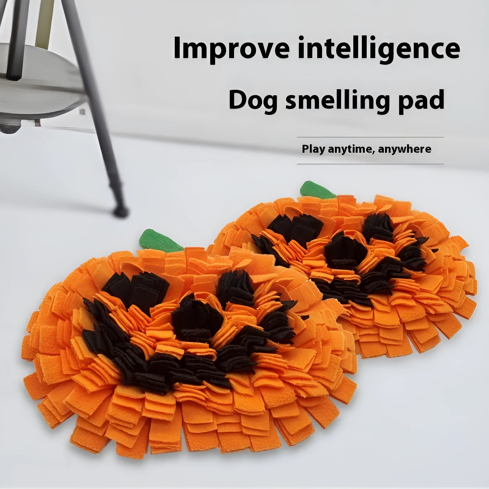Orange pumpkin-shaped pet smell mat made from polar fleece cloth for dog and cat slow feeding.
