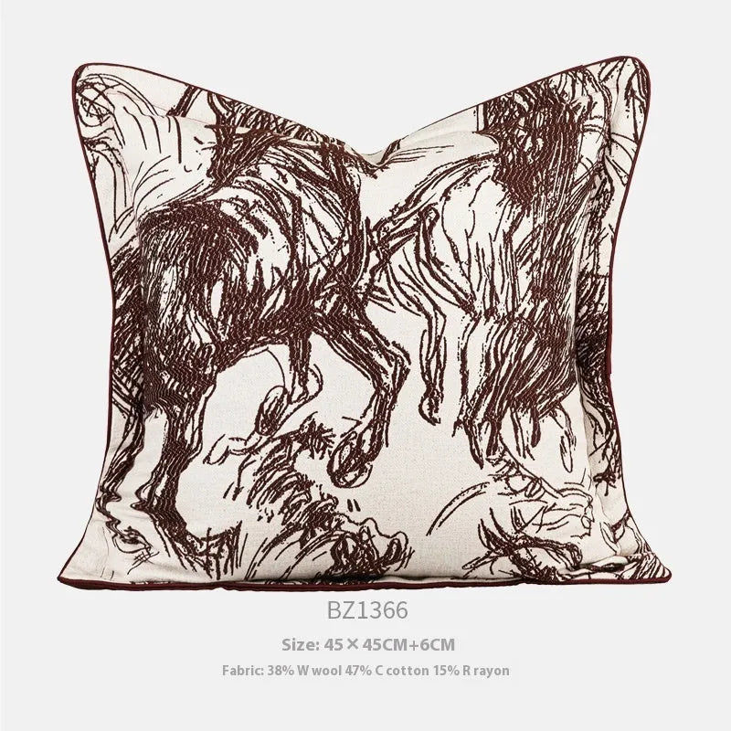 Modern abstract golden horse jacquard cushion in square and waist pillow sizes