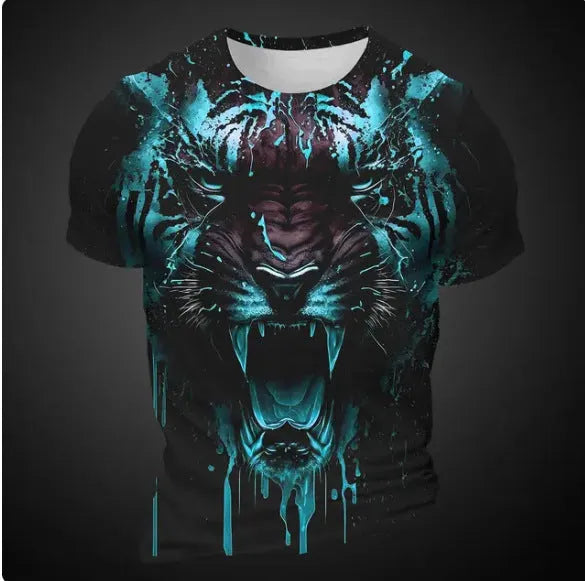 Men's short sleeve T-shirt with 3D tiger pattern in digital printing on polyester bird eye cloth