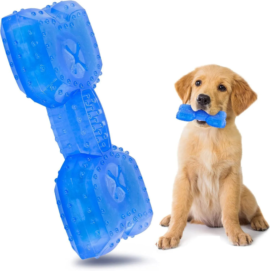 Freezable non-toxic dog chew toy in bone and circle shapes for teething and cooling.