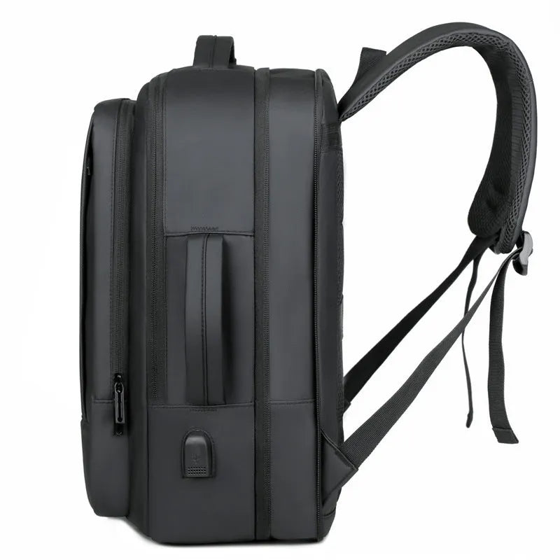 Black or grey waterproof Oxford cloth backpack with curved shoulder straps showing business and outdoor use