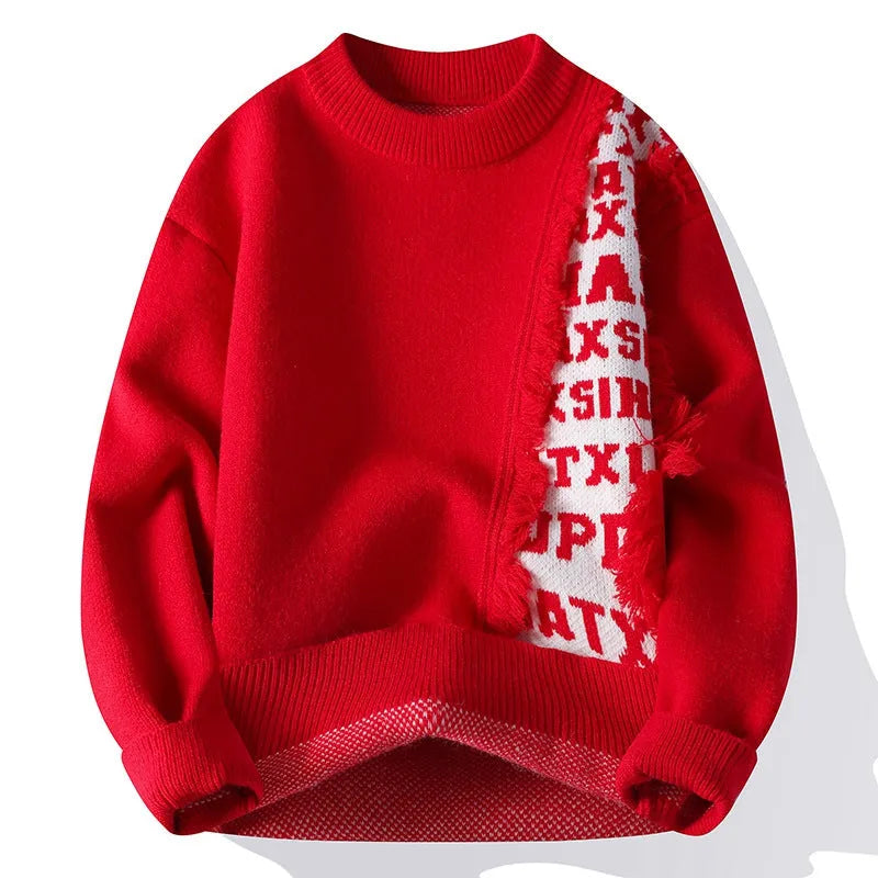 Men's loose long sleeve knitted pullover jumper in ribbed style, shown in a selection of colours.