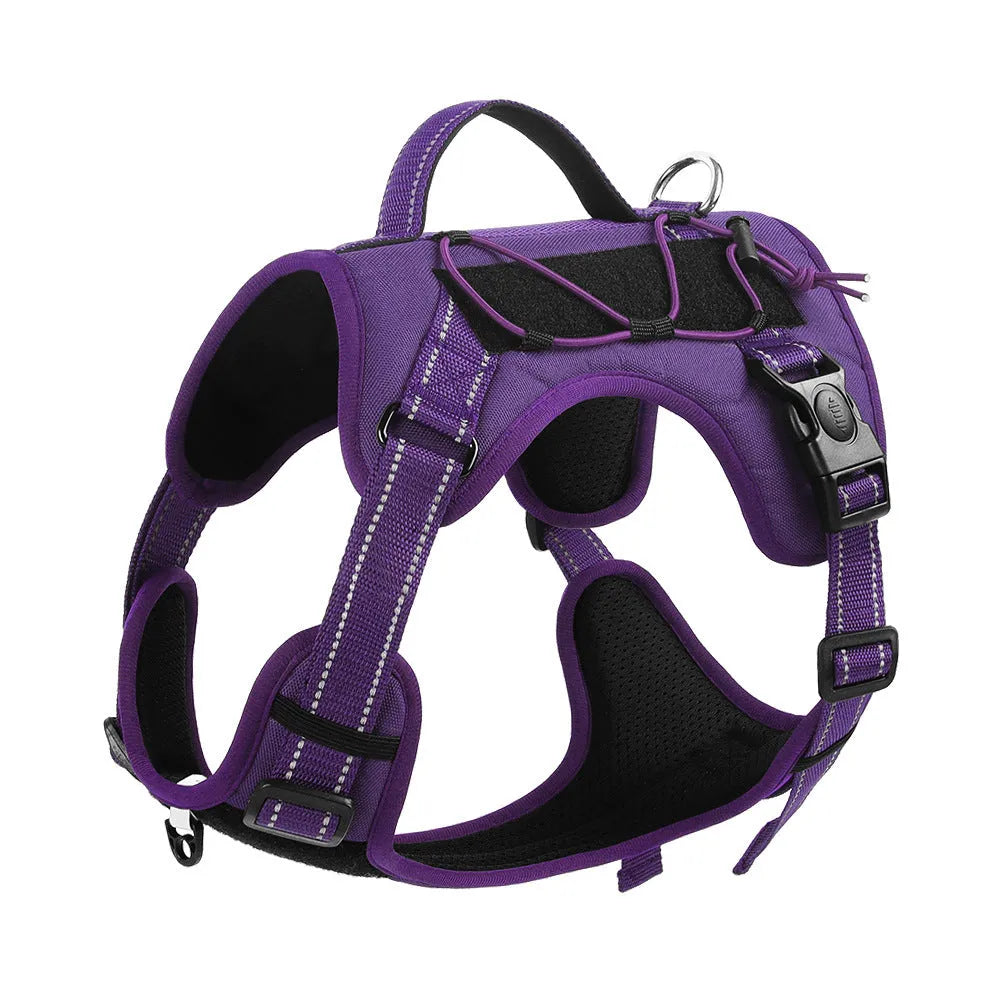 Orange reflective dog harness with explosion-proof hand holding rope on a medium-sized dog.