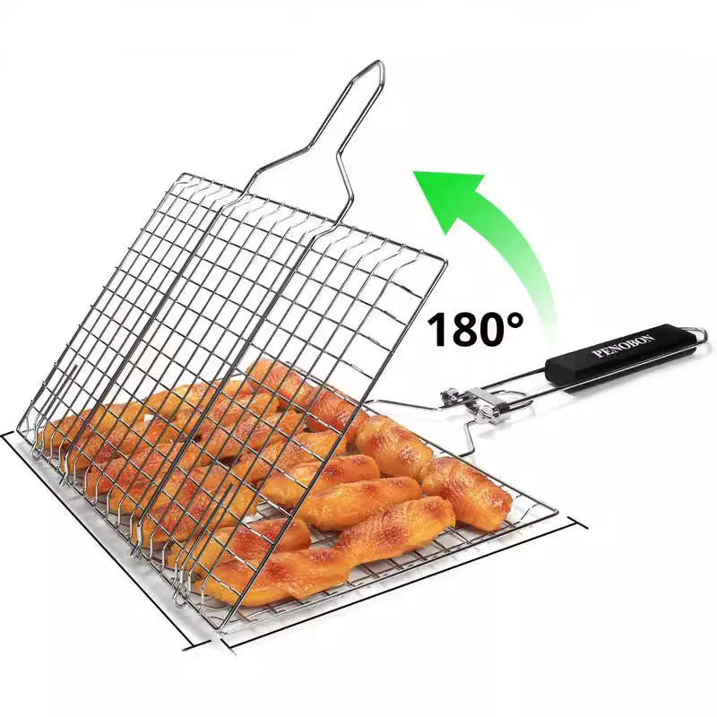 Stainless steel square folding barbecue mesh basket with cleaning brush