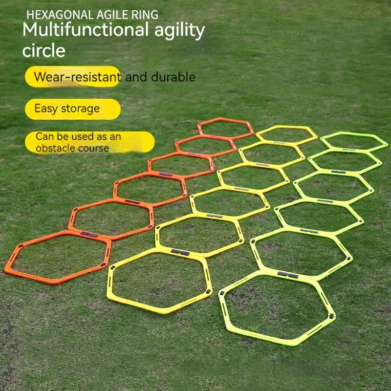 Six foldable hexagon football agility training rings in green, orange, and yellow colours