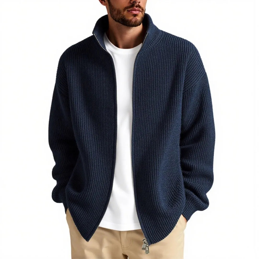 Man wearing a loose-fit beige acrylic blend cardigan sweater for casual leisure wear.
