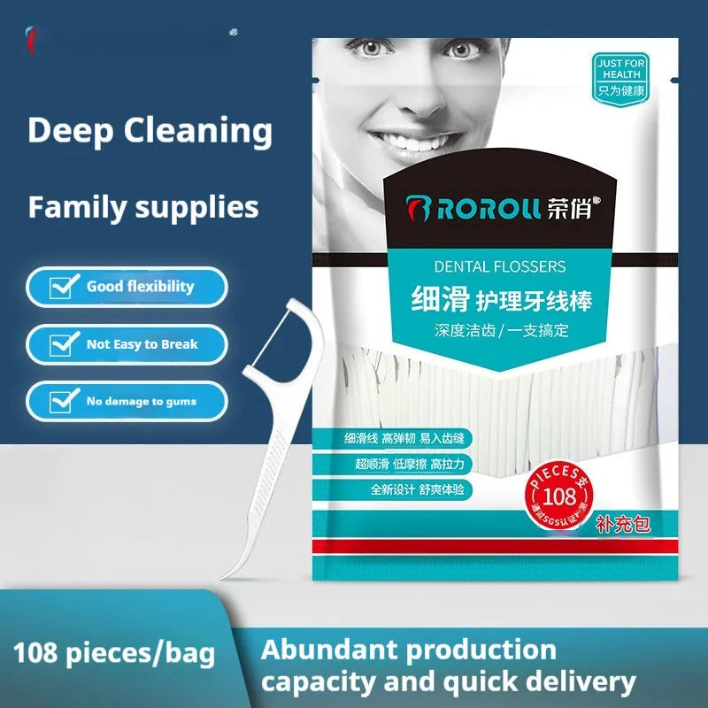 Bulk bag containing 100 individually plastic-wrapped disposable dental floss pieces on a white background.