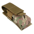 Black tactical MOLLE-compatible waist bag for pistol cartridges and small flashlights, shown with elastic cord buckle.