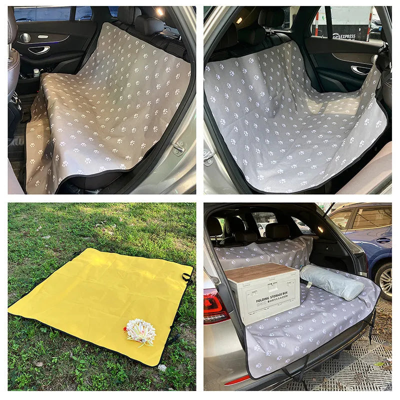 Grey cloth car pet mat with dog bone print protecting a car rear seat