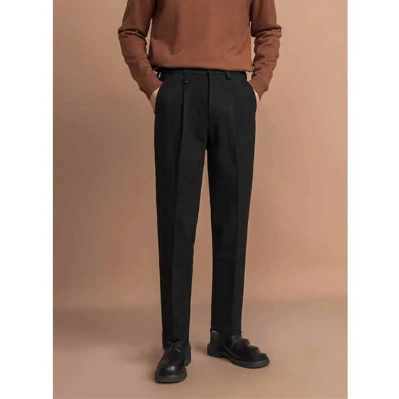 Men's straight-leg suit trousers in black, brown, grey, or khaki, shown on a model.