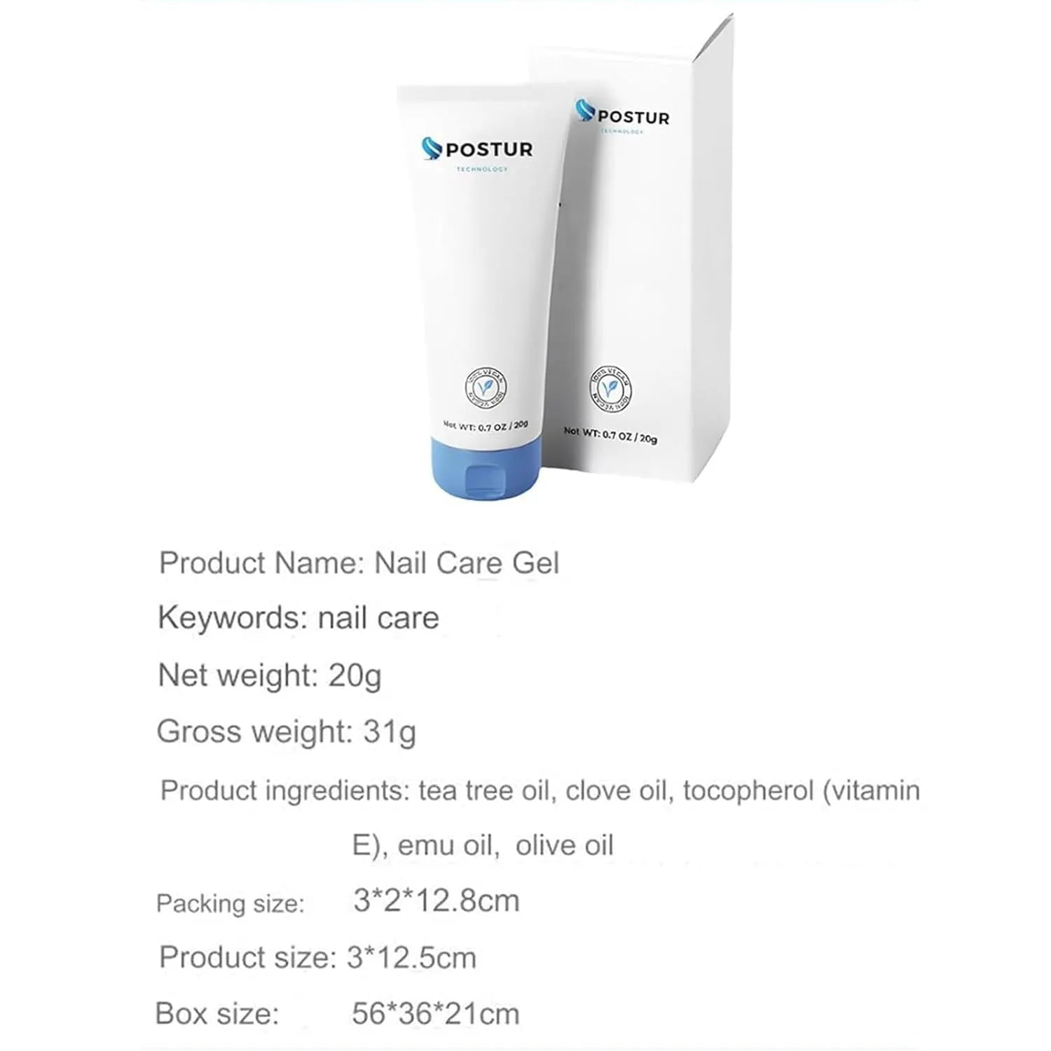20g nail gel tube for manicure application, dimensions 3x2x12.8 cm.