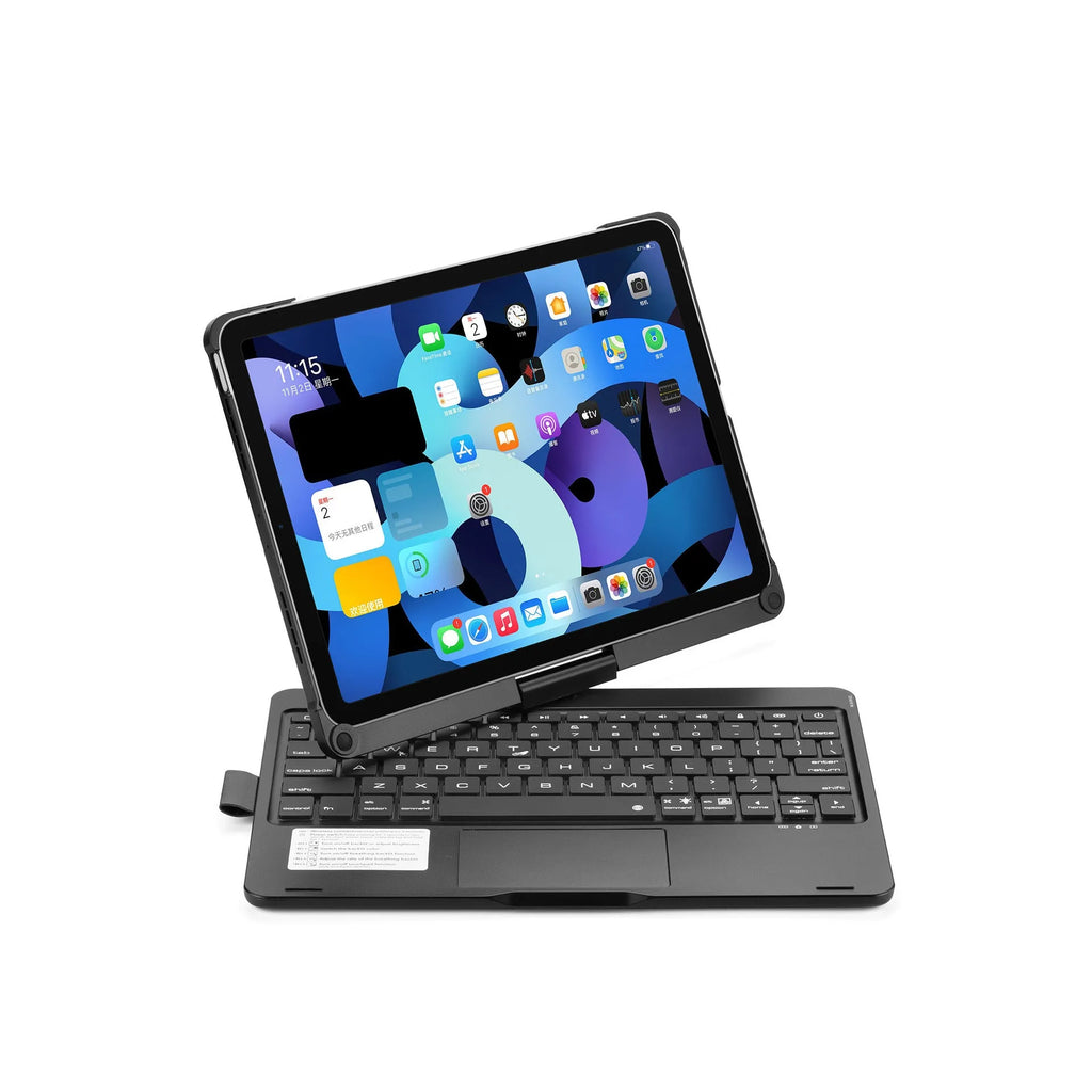 360-degree rotating Bluetooth keyboard with touch backlight for iPad in black, silver, or rose gold