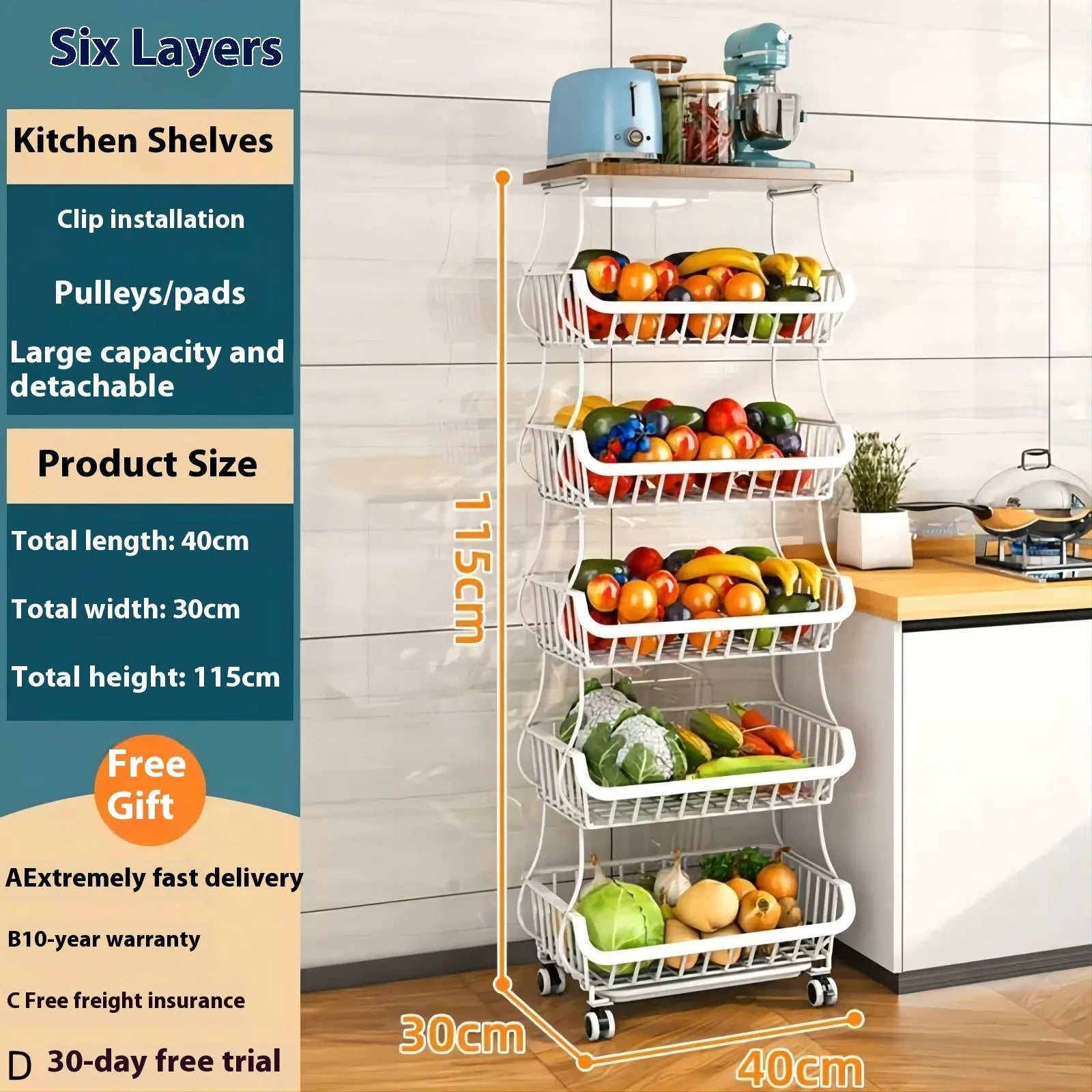 Black six layer kitchen storage trolley with foldable carbon steel frame and modern design