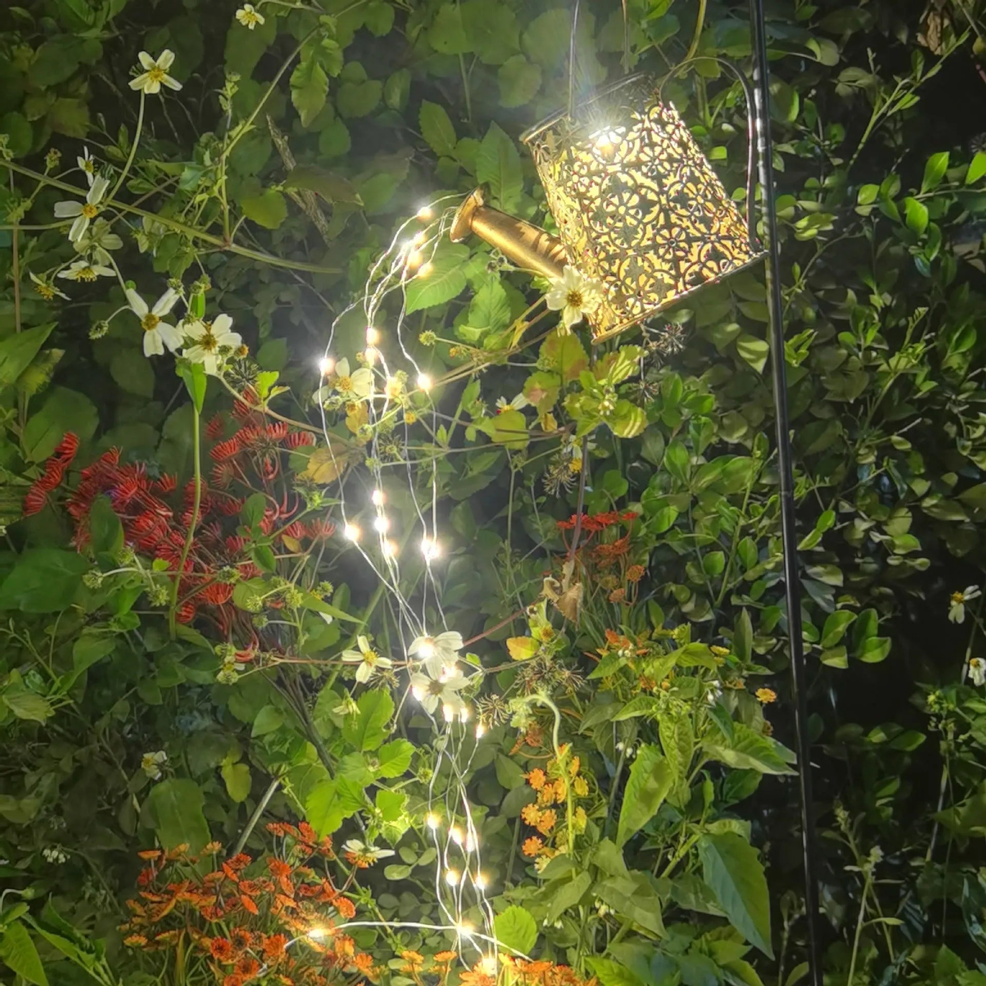 Solar-powered wrought iron kettle light with butterfly design for outdoor courtyard decoration
