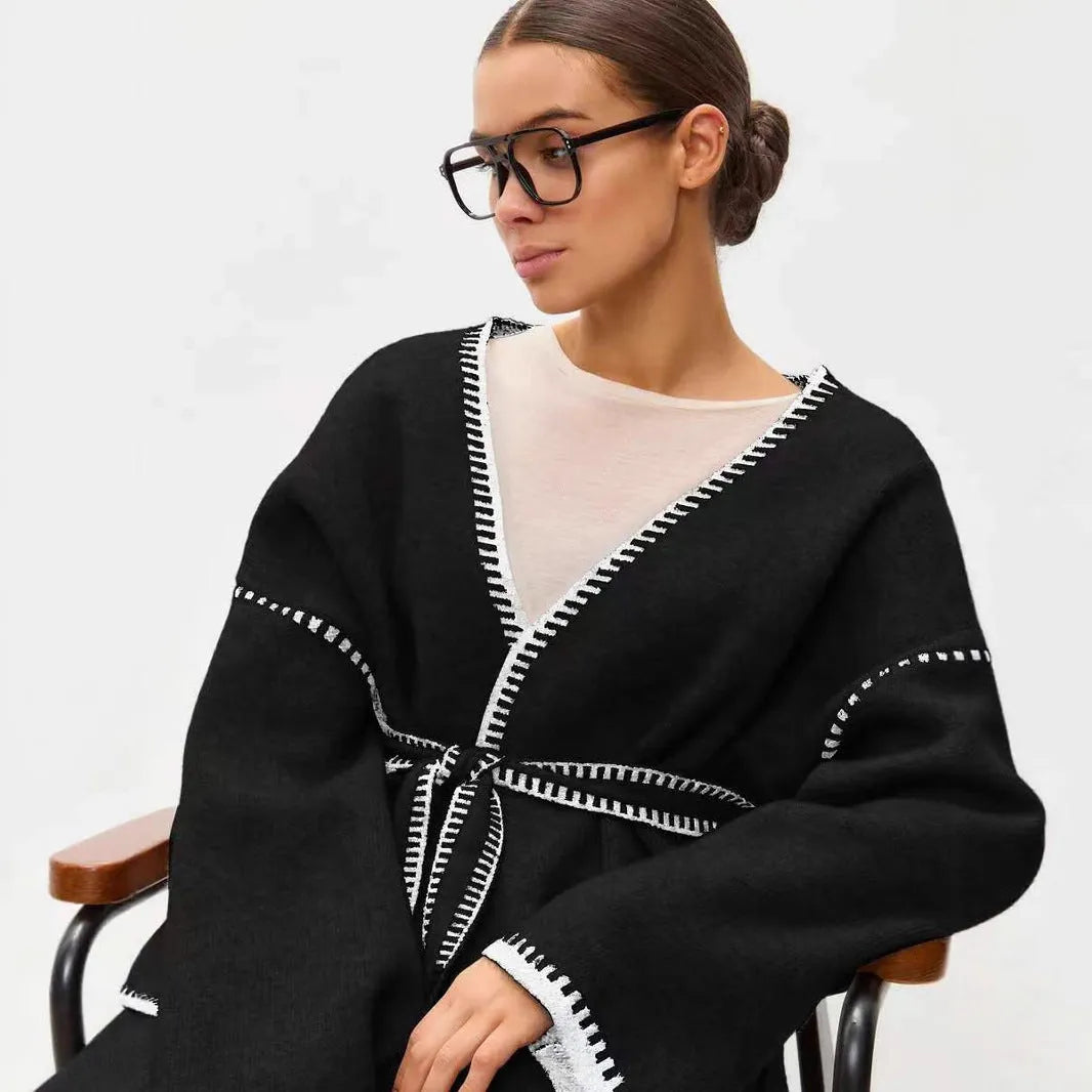 Knitted lace-up cardigan in thick cotton imitation cashmere fabric in camel colour