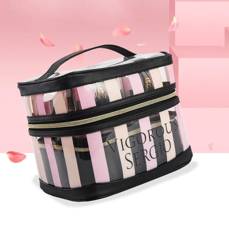 Pink bold stripes floral pattern folding makeup bag kit with synthetic leather waterproof case