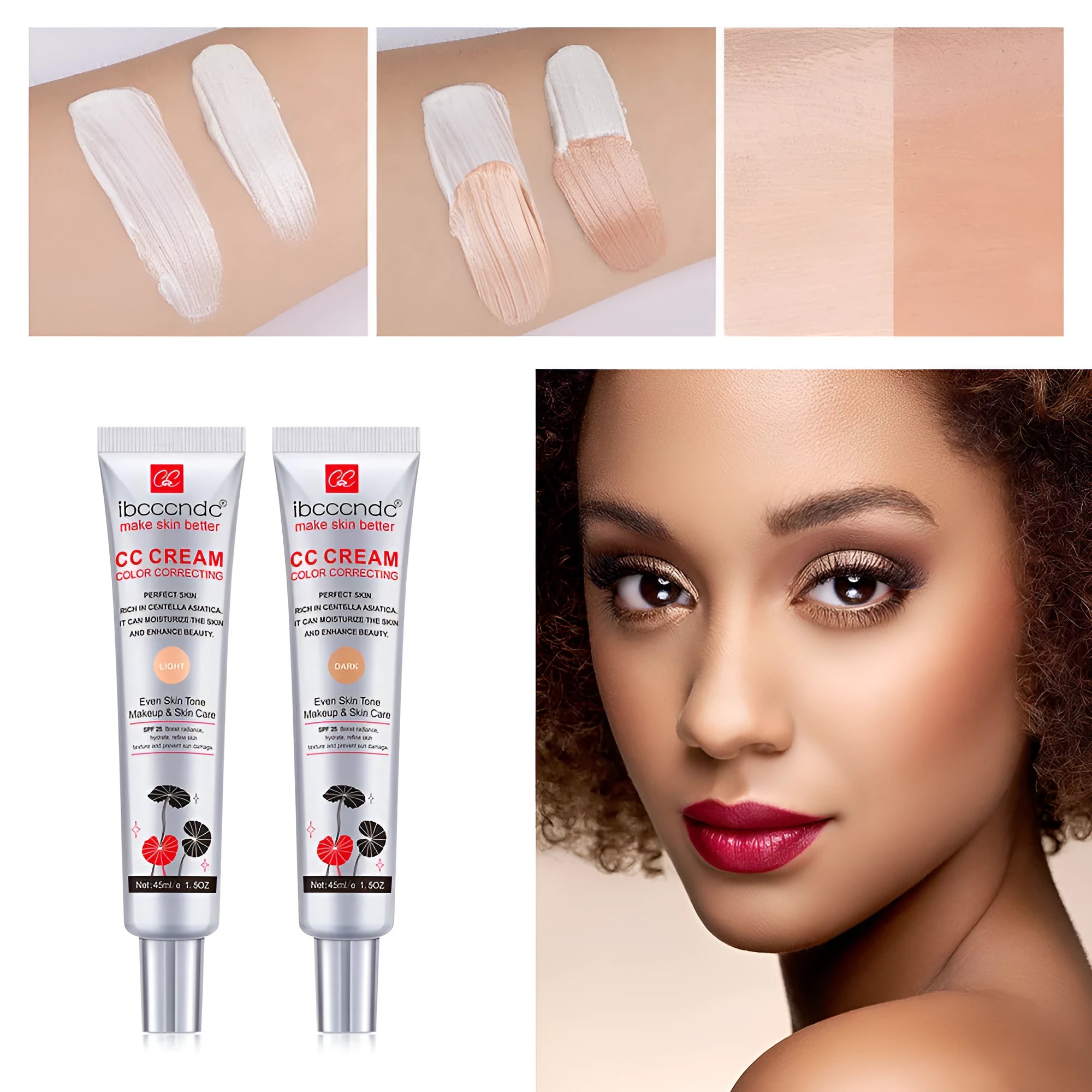 Erborian BCC Centella Asiatica CC cream tube in Light and Dark shades, a colour-correcting makeup base.